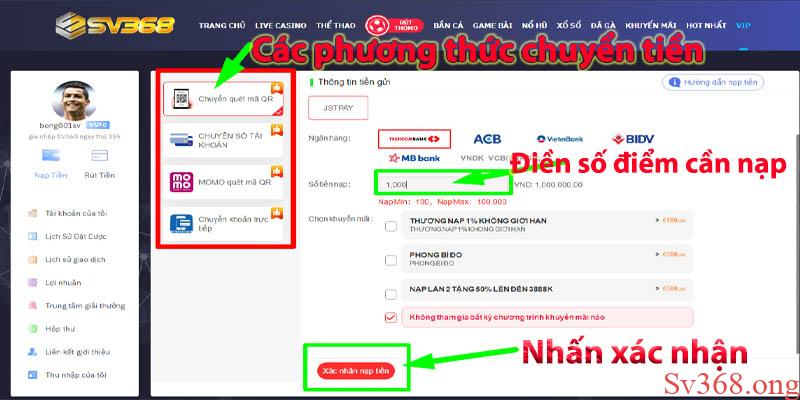 Nạp tiền Sv368 bằng phương thức trực tuyến